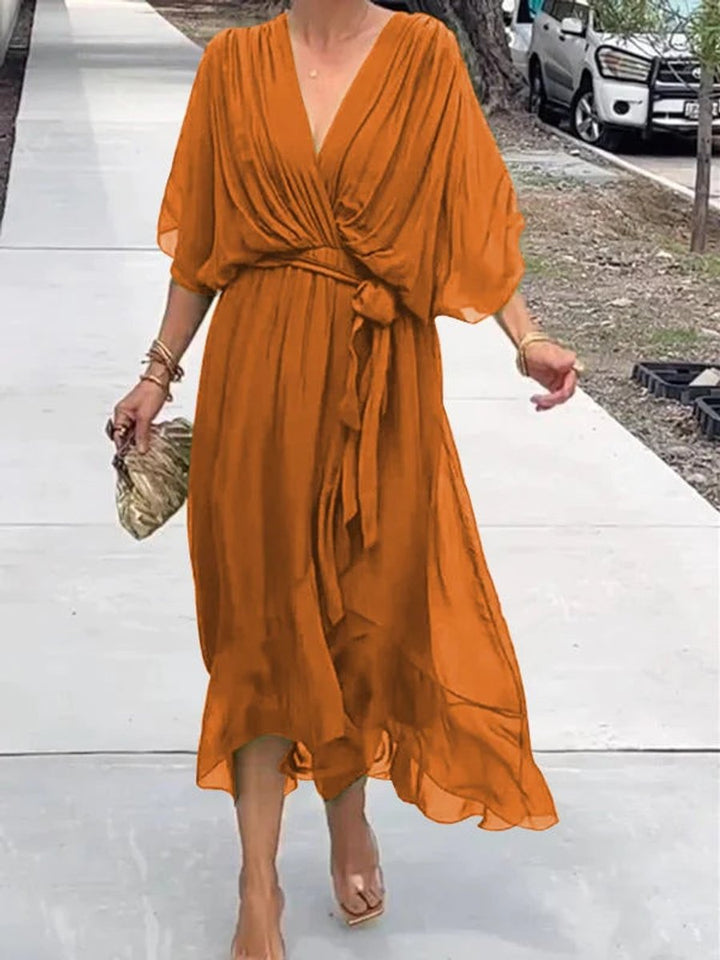 Dames Chiffon V-hals Cocktail Party Dress Elegante Midi Jurk - Oranje