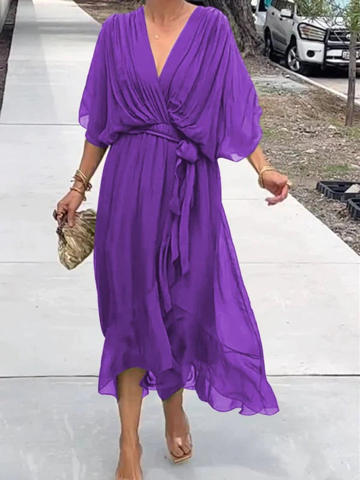 Dames Chiffon V-hals Cocktail Party Dress Elegante Midi Jurk - Paars