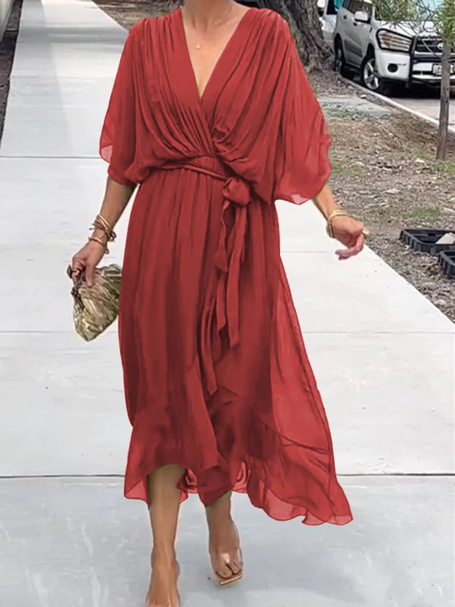 Dames Chiffon V-hals Cocktail Party Dress Elegante Midi Jurk - Rood