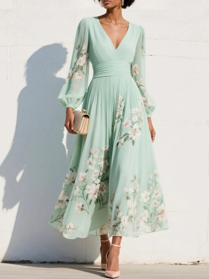 Dames Chiffon V-hals Midi-jurk met Ballonmouwen - Light Green