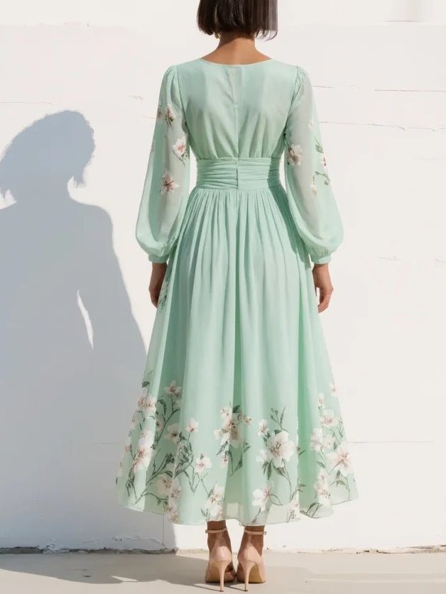Dames Chiffon V-hals Midi-jurk met Ballonmouwen