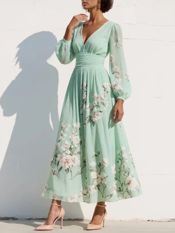 Dames Chiffon V-hals Midi-jurk met Ballonmouwen