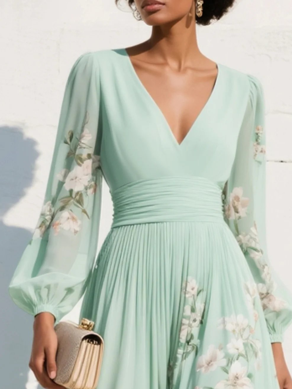 Dames Chiffon V-hals Midi-jurk met Ballonmouwen