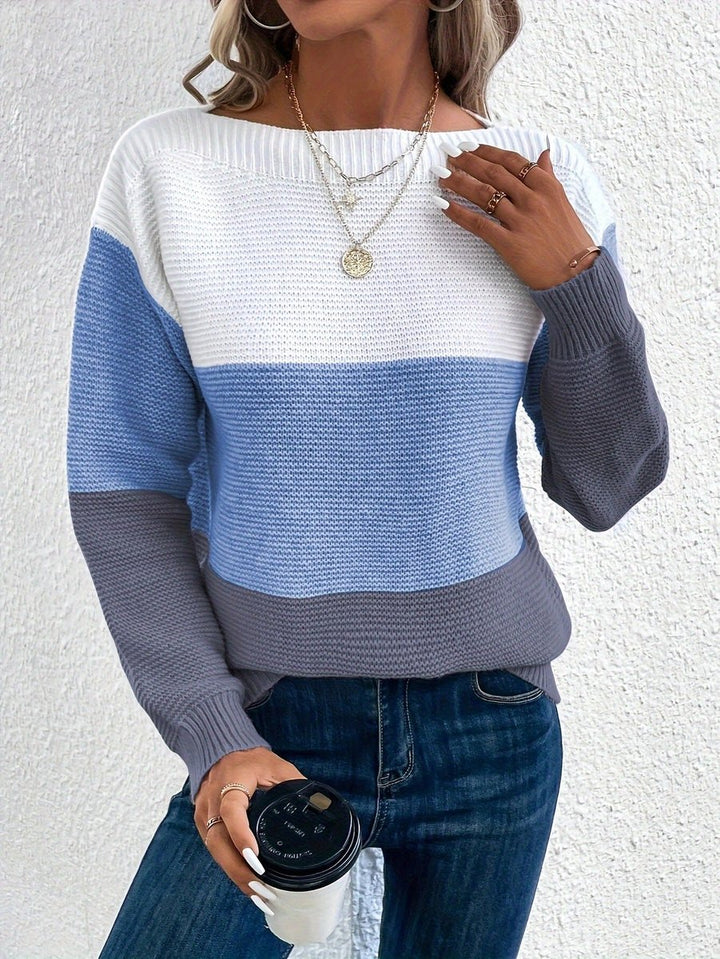 Dames Colorblock Relaxed-Fit Knit Sweater Ronde Hals - Blauw