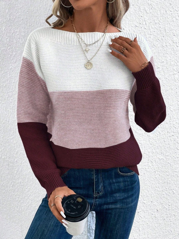 Dames Colorblock Relaxed-Fit Knit Sweater Ronde Hals - Bordeaux