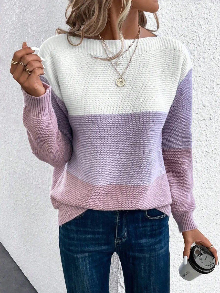 Dames Colorblock Relaxed-Fit Knit Sweater Ronde Hals - Paars