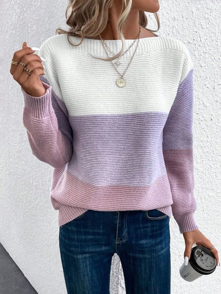 Dames Colorblock Relaxed-Fit Knit Sweater Ronde Hals - Paars