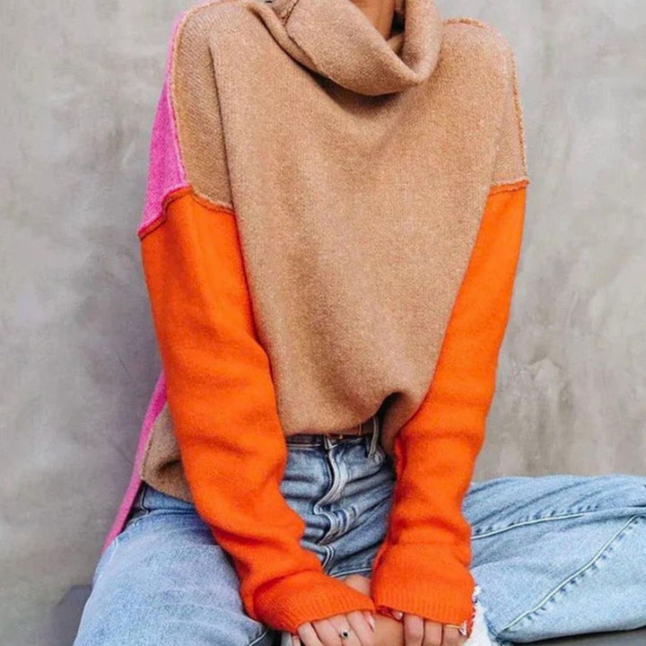 Dames Colorblock Rolkraag Pullover Losse Pasvorm Langarm