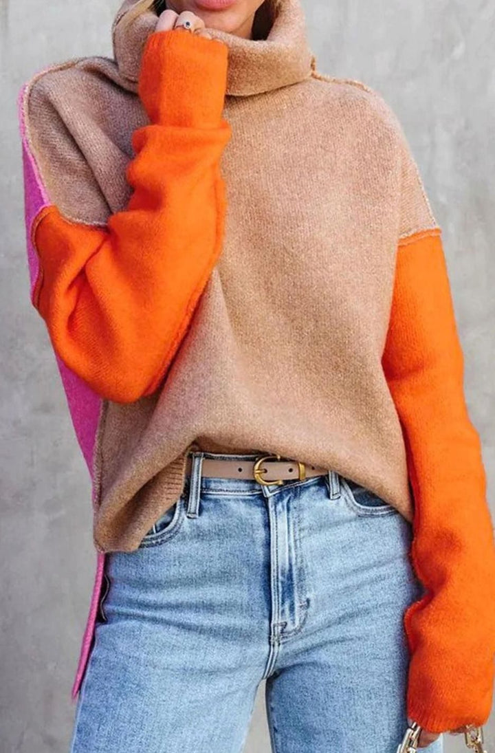Dames Colorblock Rolkraag Pullover Losse Pasvorm Langarm