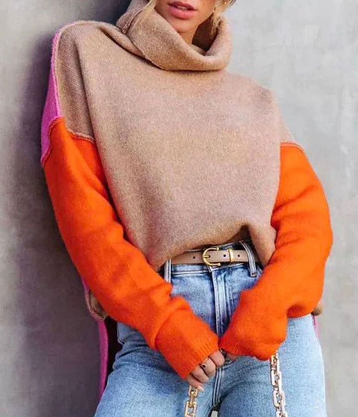Dames Colorblock Rolkraag Pullover Losse Pasvorm Langarm