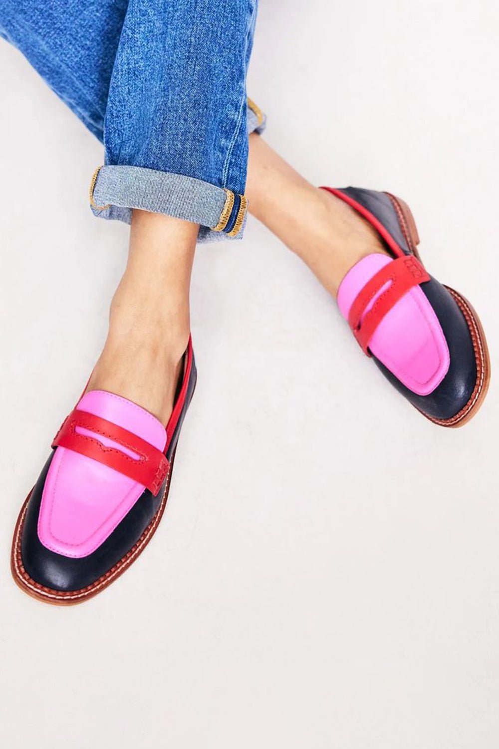 Dames Colour-Block Instap Penny Loafers Marineblauw Fuchsia - Black