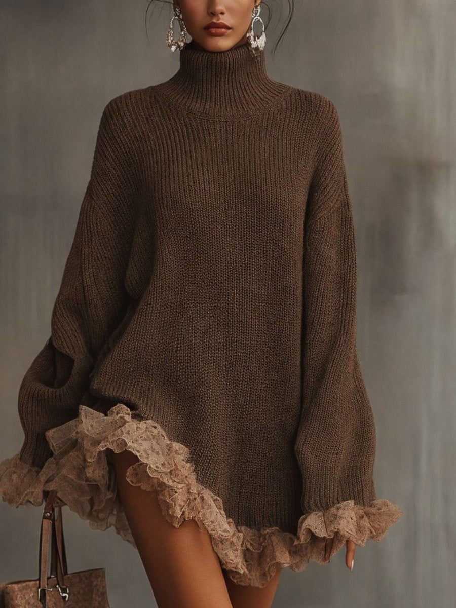 Dames Coltrui Gebreide Formal Dress Kanten Ruches Oversized - Bruin