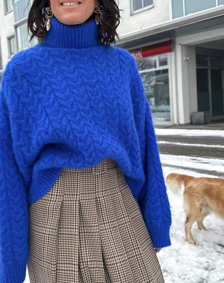 Dames Coltrui Grofgebreide Oversized Kabelpatroon Pullover - Blauw