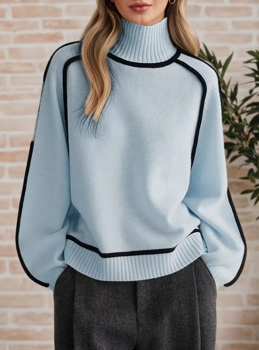Dames Coltrui Oversized Gebreide Pullover Tweekleurig - Blue