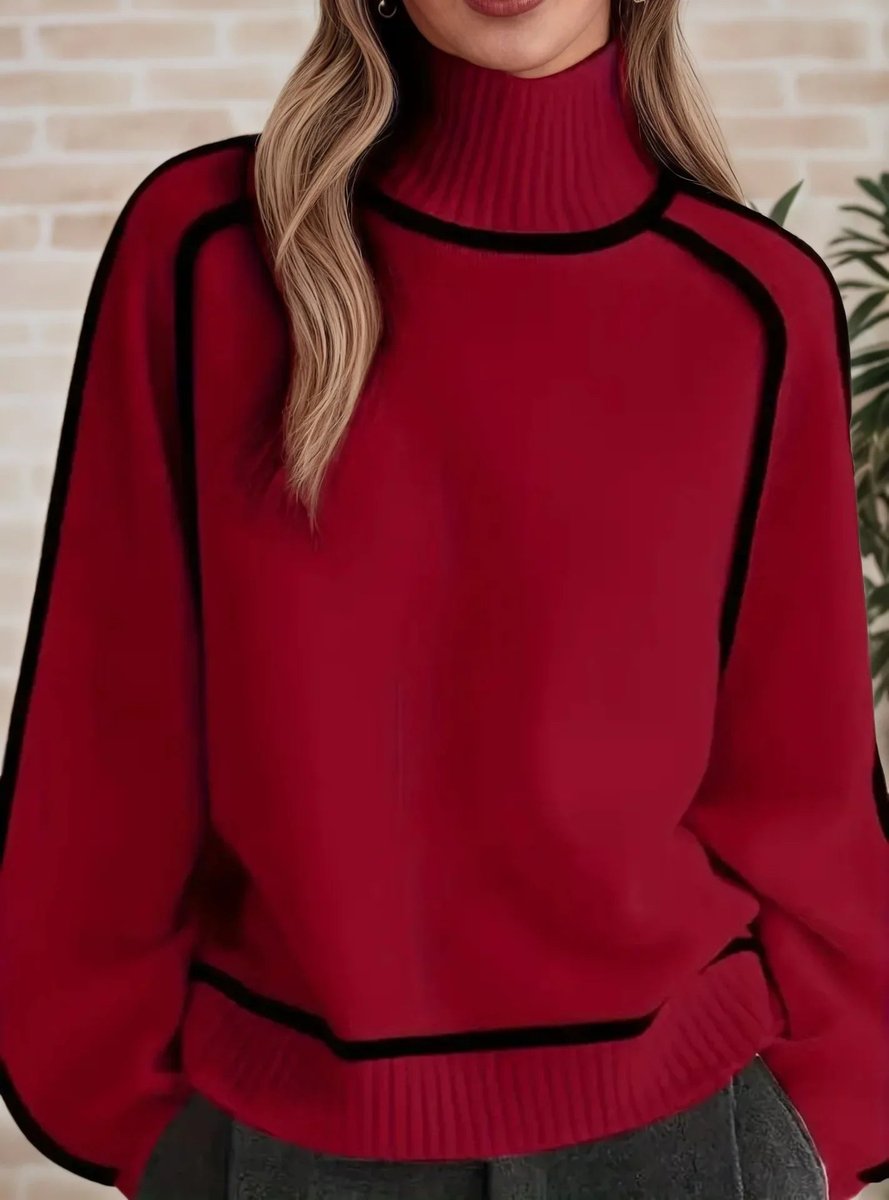 Dames Coltrui Oversized Gebreide Pullover Tweekleurig - Red