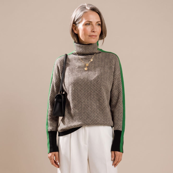 Dames Coltrui Visgraat Pullover met Contrasterende Bies - Groen