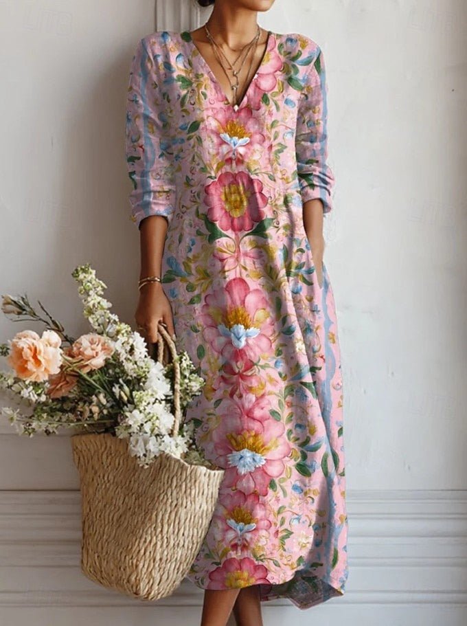 Dames Comfortabele Bloemenprint V-hals Maxi Jurk - Dress (almost sold out)