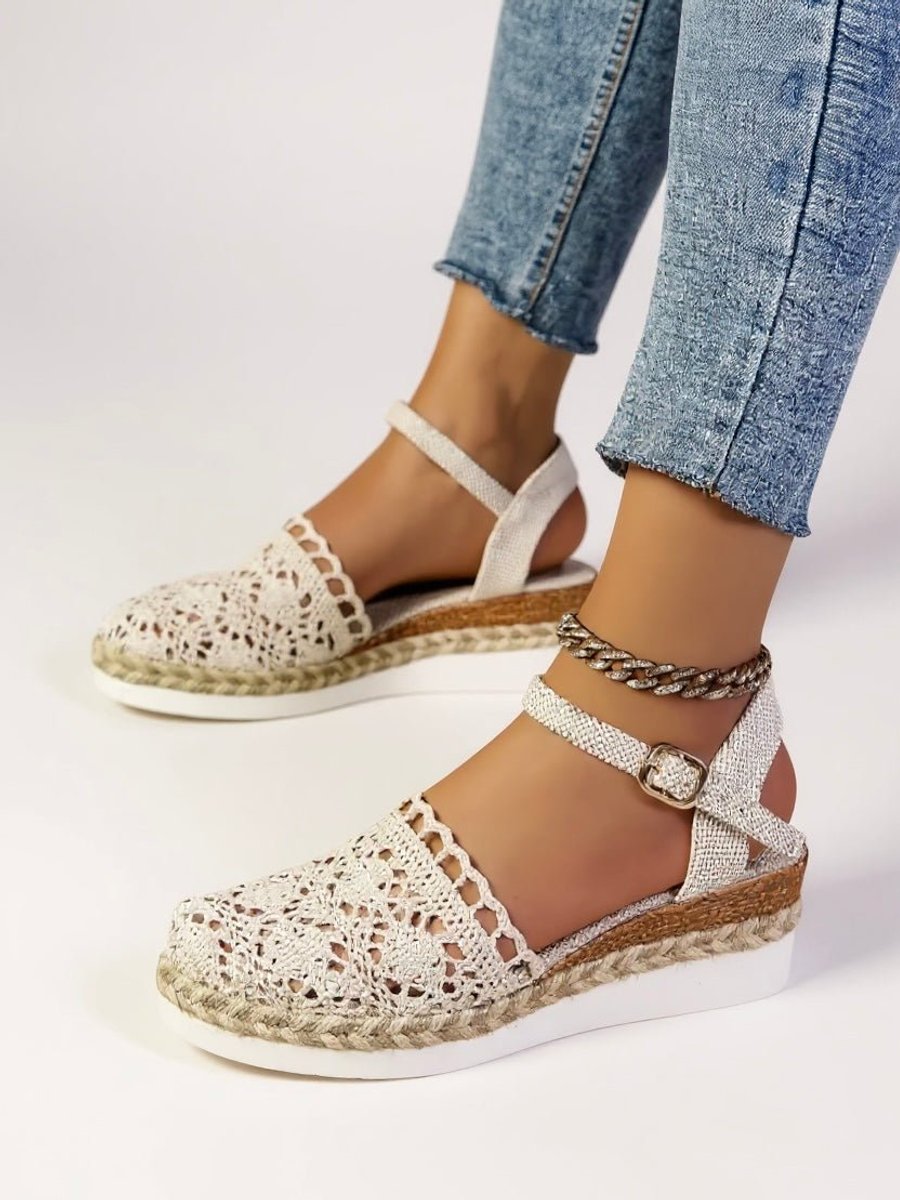 Dames Comfortabele Sandalen Bohemian Haakwerk Espadrille Enkelbandjes - Beige