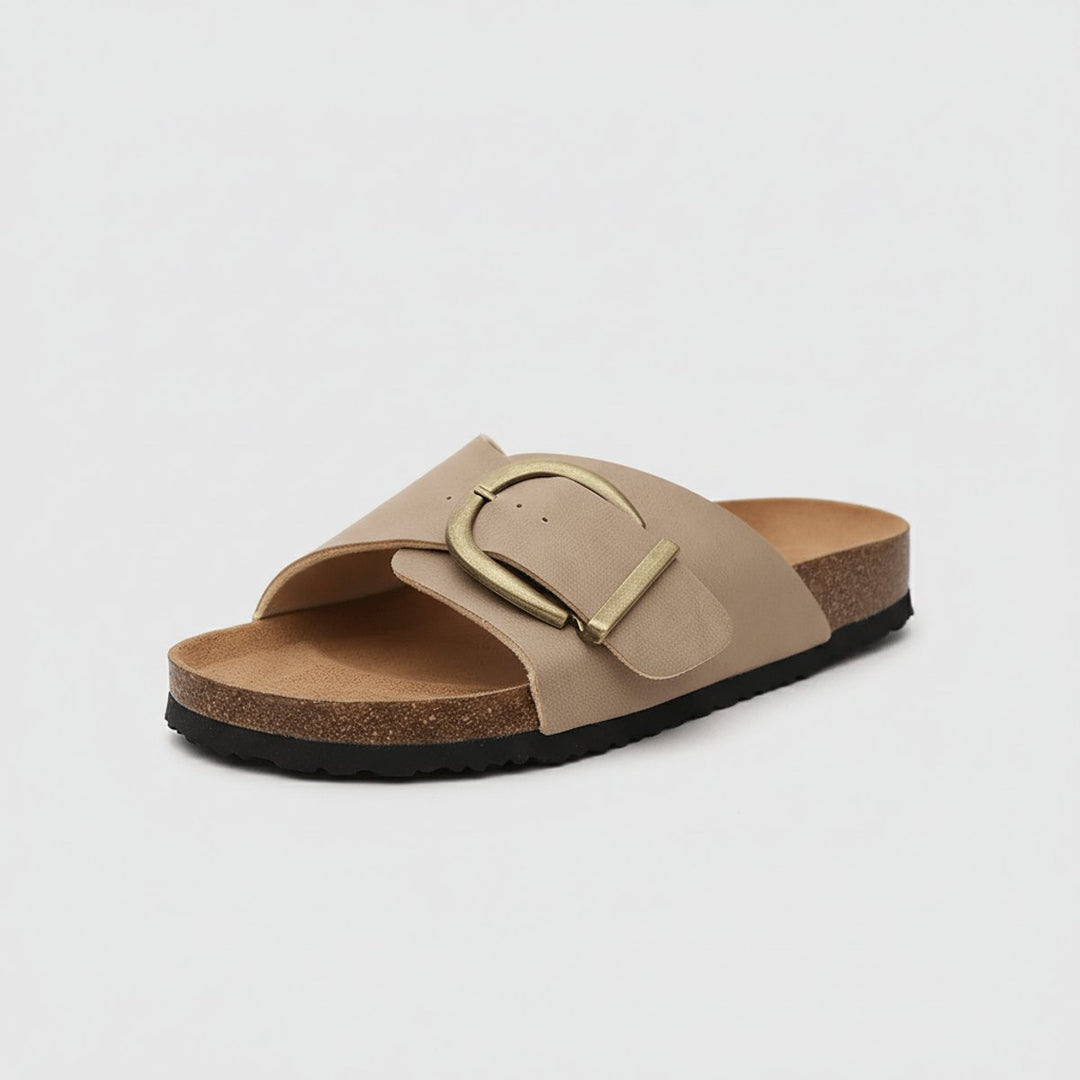 Dames Comfortabele Sandalen Brede Gesp Instapper Platte Zool - Classic Beige
