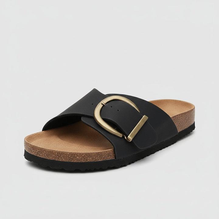 Dames Comfortabele Sandalen Brede Gesp Instapper Platte Zool - Midnight Black