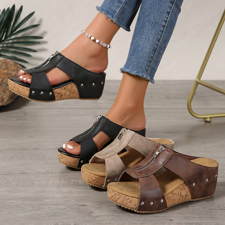 Dames Comfortabele Sandalen Kurk Sleehak Open Teen Rits