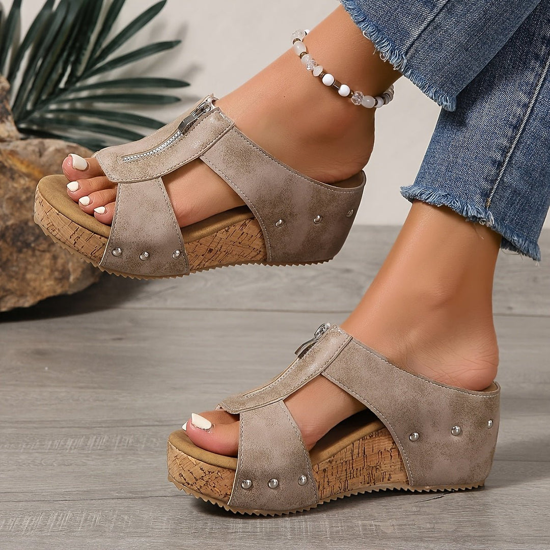 Dames Comfortabele Sandalen Kurk Sleehak Open Teen Rits