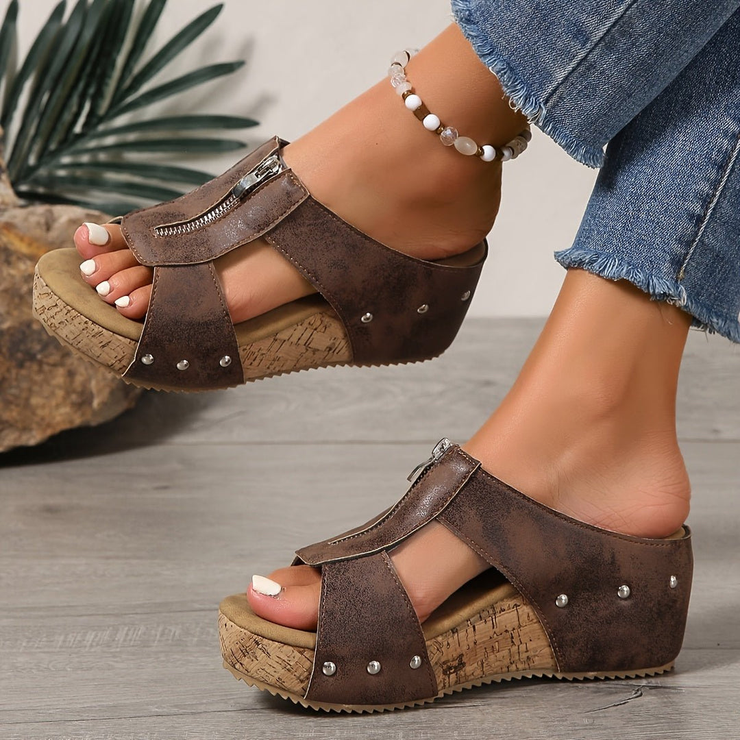 Dames Comfortabele Sandalen Kurk Sleehak Open Teen Rits