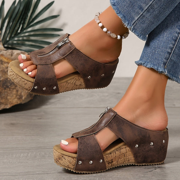 Dames Comfortabele Sandalen Kurk Sleehak Open Teen Rits