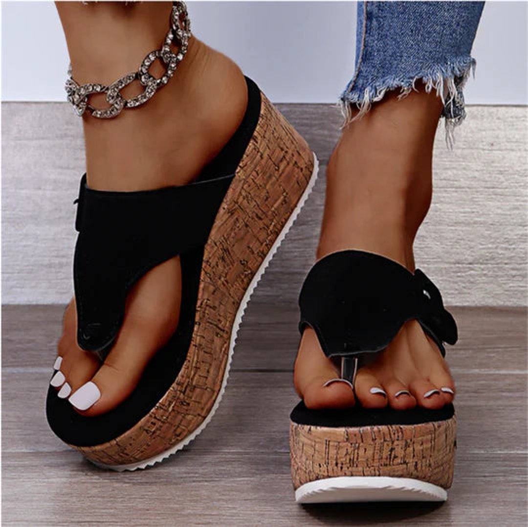 Dames Comfortabele Sandalen Kurk Sleehak Teenslippers Strikdetail - Black