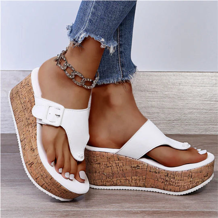 Dames Comfortabele Sandalen Kurk Sleehak Teenslippers Strikdetail - White