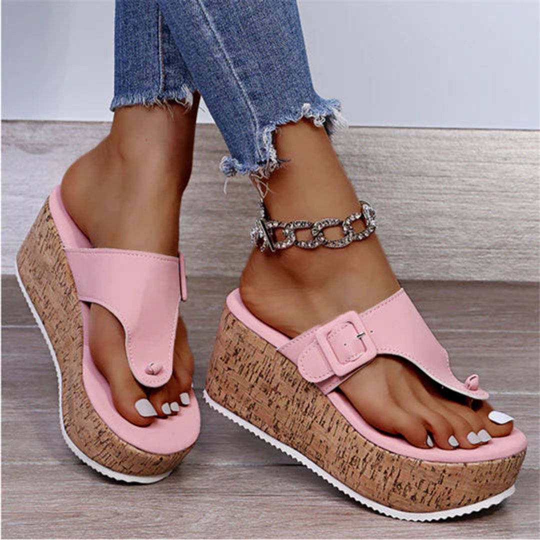Dames Comfortabele Sandalen Kurk Sleehak Teenslippers Strikdetail - Pink