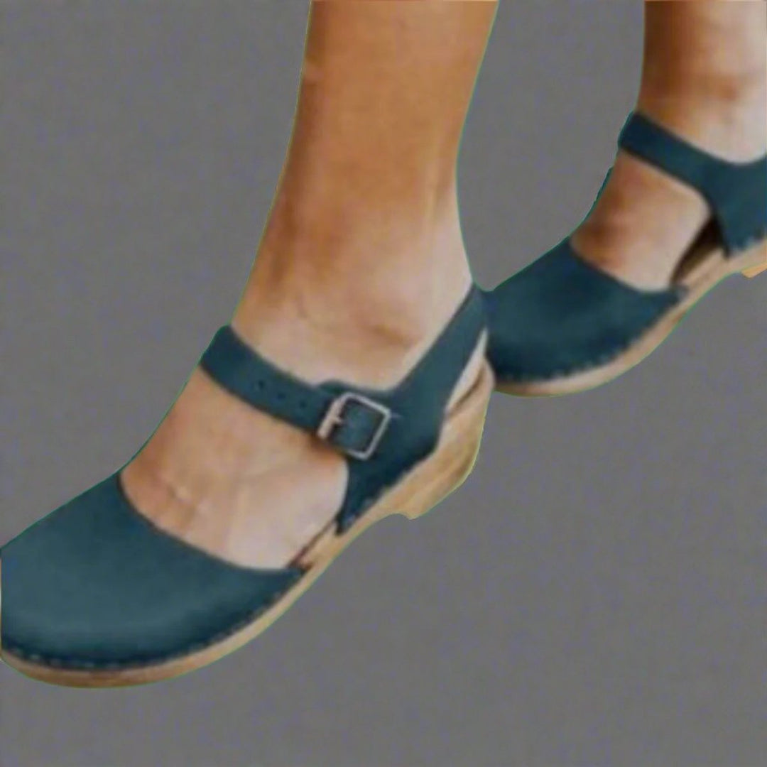 Dames Comfortable Sandals Houten Hak Gesloten Teen Enkelband Clogs - Blue