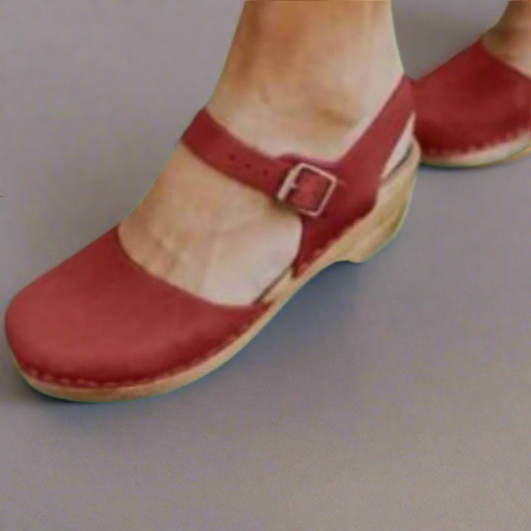 Dames Comfortable Sandals Houten Hak Gesloten Teen Enkelband Clogs - Red