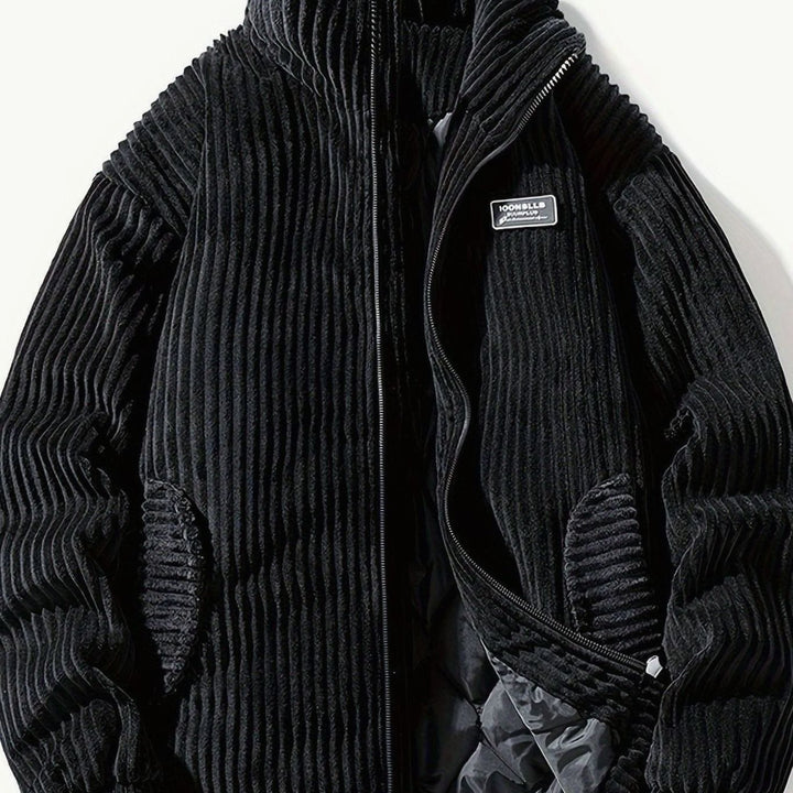 Dames Corduroy Gewatteerde Puffer Jas Casual Winterjas Opstaande Kraag - Zwart