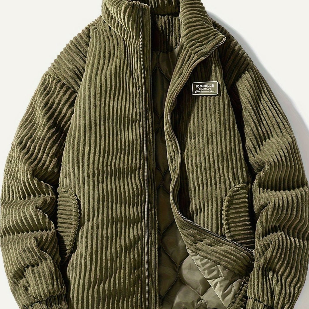 Dames Corduroy Gewatteerde Puffer Jas Casual Winterjas Opstaande Kraag - Legergroen