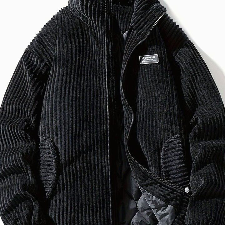 Dames Corduroy Gewatteerde Puffer Jas Casual Winterjas Opstaande Kraag - Zwart