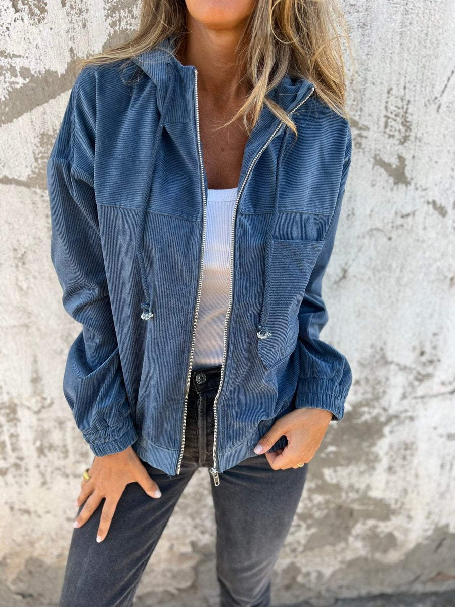Dames Corduroy Rits Hoodie Gewatteerde Jas Casual Oversized - Blauw