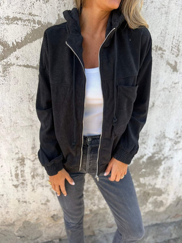 Dames Corduroy Rits Hoodie Gewatteerde Jas Casual Oversized - Zwart