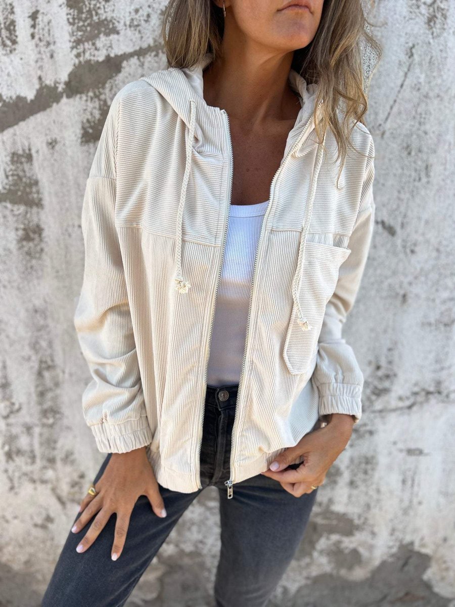 Dames Corduroy Rits Hoodie Gewatteerde Jas Casual Oversized - Wit