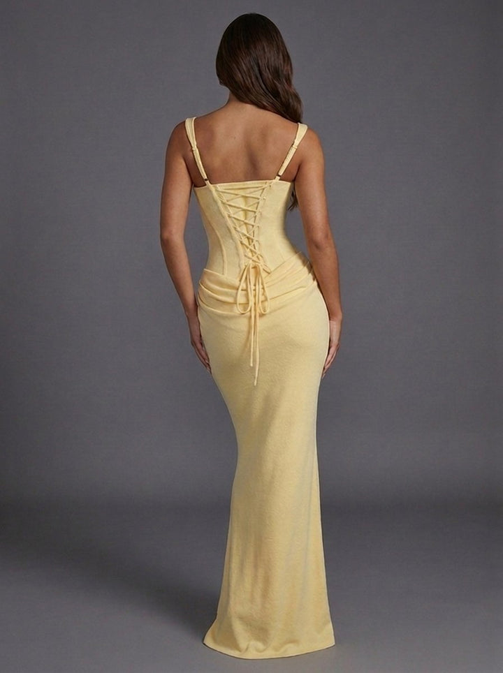 Dames Corset Square-Neck Geplooide Satijnen Maxi Jurk
