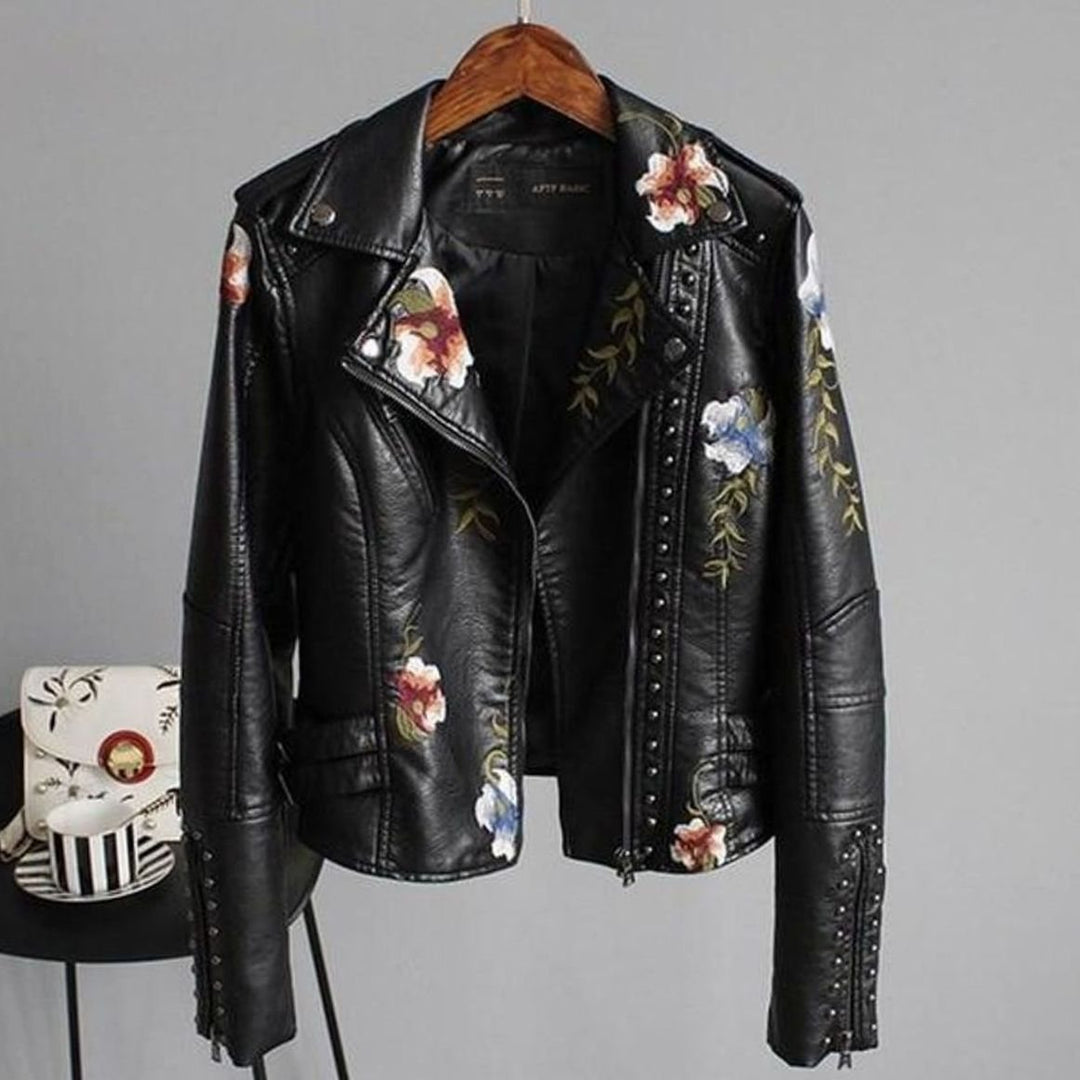 Dames Cropped Biker Jas Faux Leer Bloemenborduursel Studs - Zwart