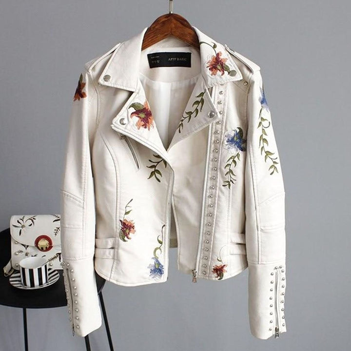 Dames Cropped Biker Jas Faux Leer Bloemenborduursel Studs - Wit
