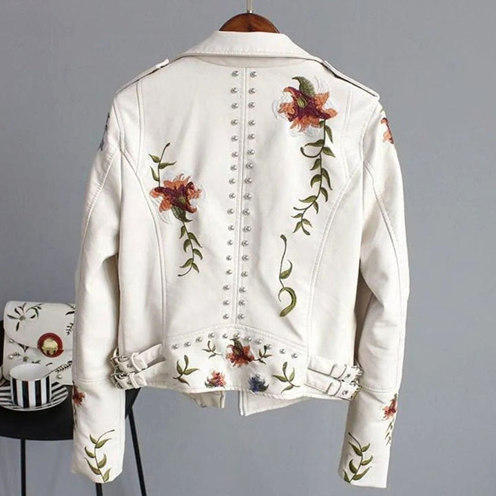Dames Cropped Biker Jas Faux Leer Bloemenborduursel Studs