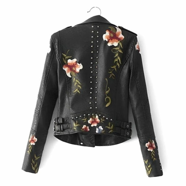 Dames Cropped Biker Jas Faux Leer Bloemenborduursel Studs