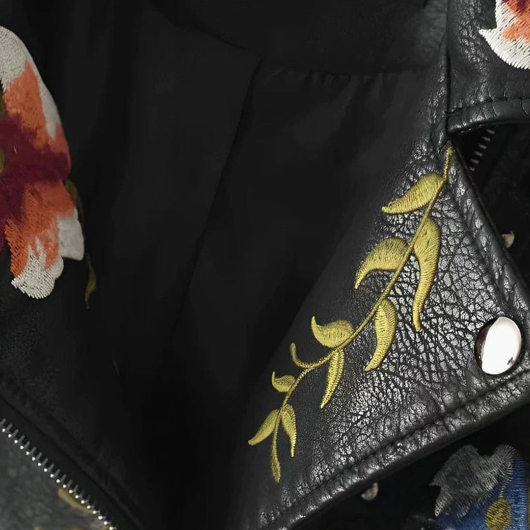 Dames Cropped Biker Jas Faux Leer Bloemenborduursel Studs
