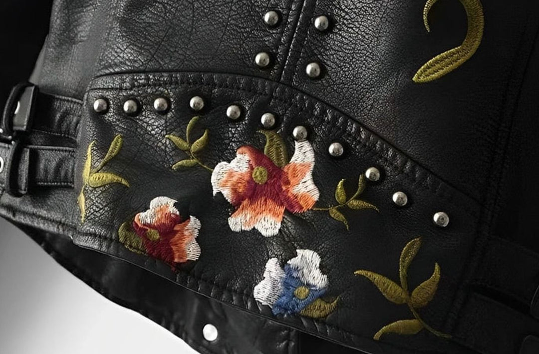 Dames Cropped Biker Jas Faux Leer Bloemenborduursel Studs