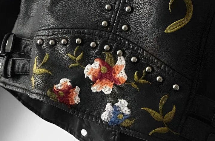 Dames Cropped Biker Jas Faux Leer Bloemenborduursel Studs