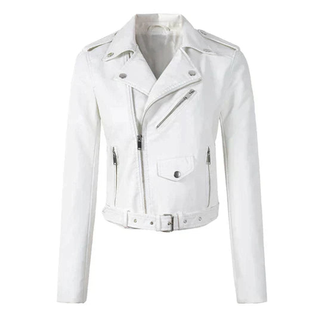 Dames Cropped Biker Leather Jacket Rits Taillriem - Wit