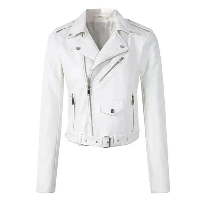 Dames Cropped Biker Leather Jacket Rits Taillriem - Wit