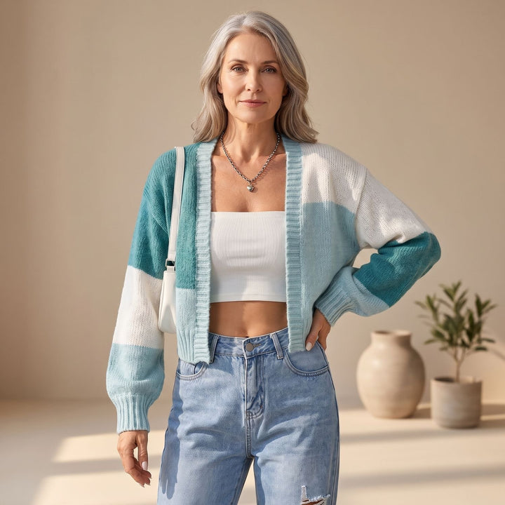 Dames Cropped Colorblock Gebreid Vest Lange Mouwen - Lichtgroen
